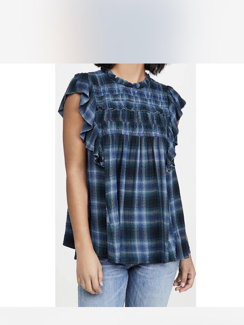 Free People not your average girl blouse blue plaid ruffled XS
